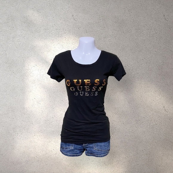 Guess Black Fitted Tee w/ Rhinestone - Picture 1 of 3